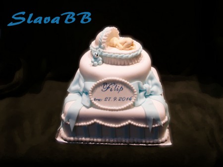 Torta "Krstiny Filipko - Christening Cakes " spodné poschodie:  cesto: čokoládové plnka: parížsky krém čokoládový + kokosová náplň vrchné poschodie:  punčová torta váha: 5 kg
